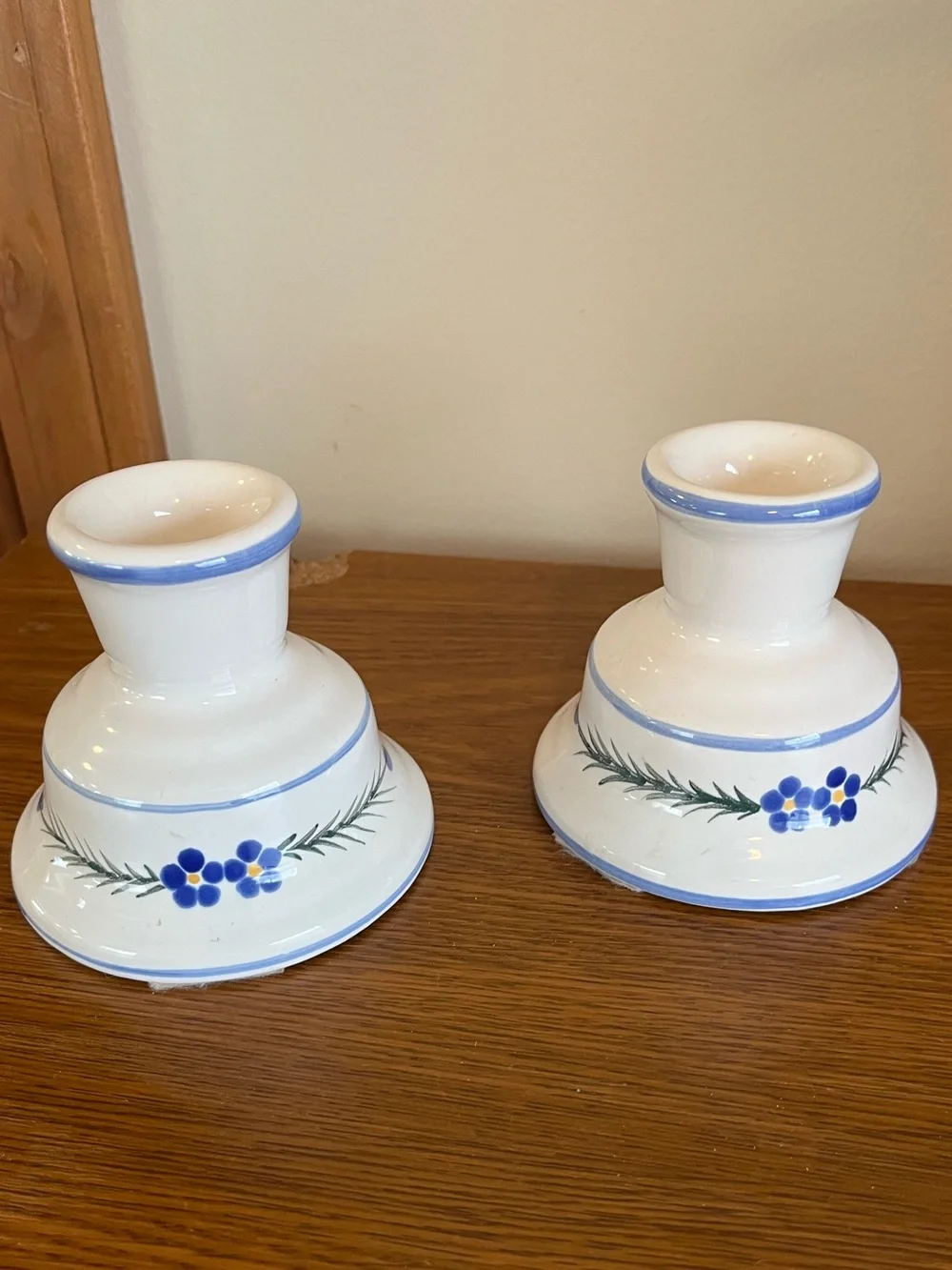 Ceramic Floral Candlestick Holders - White with Blue Flowers